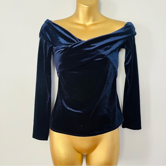 Zara Velvet Off Shoulder Top XS | Navy Long Sleeve Holiday Party Chic - Picture 2 of 5